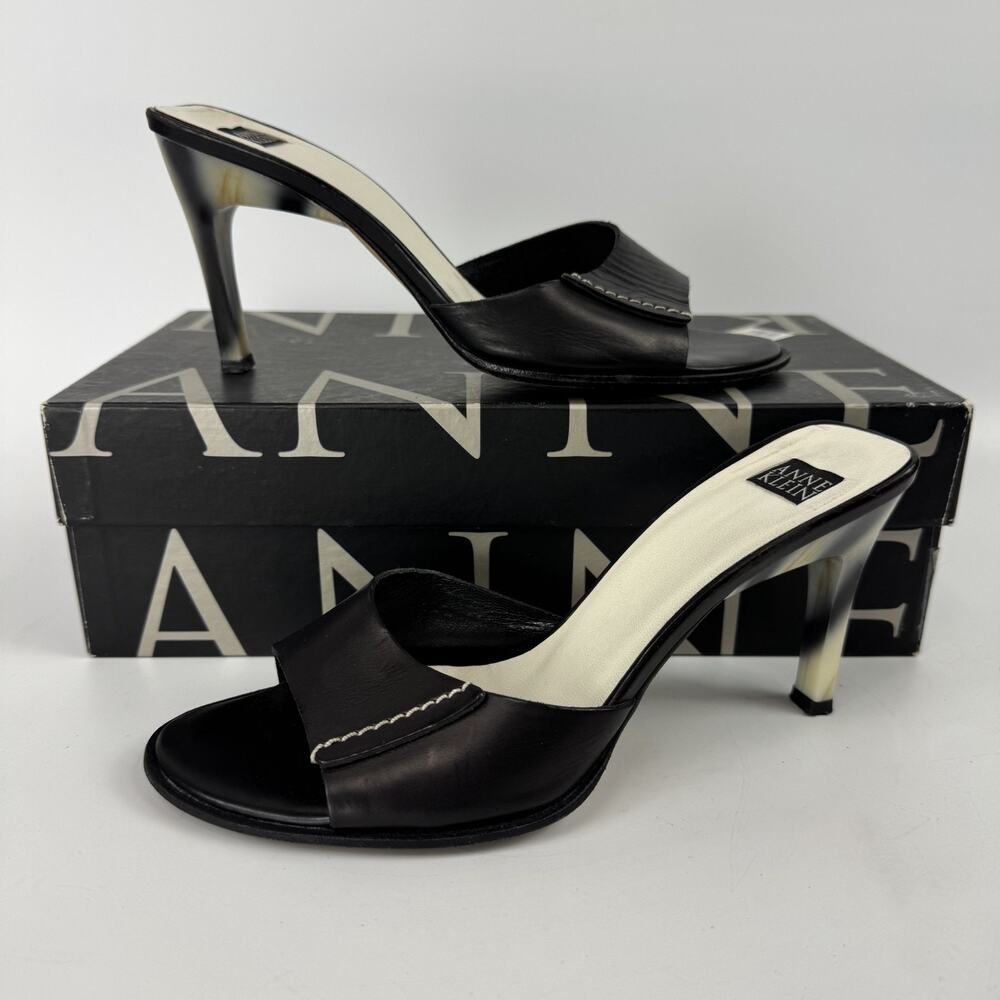 Anne Klein Women's Black Leather Slip On Peep Toe Mule Zebra Heel Size 6.5